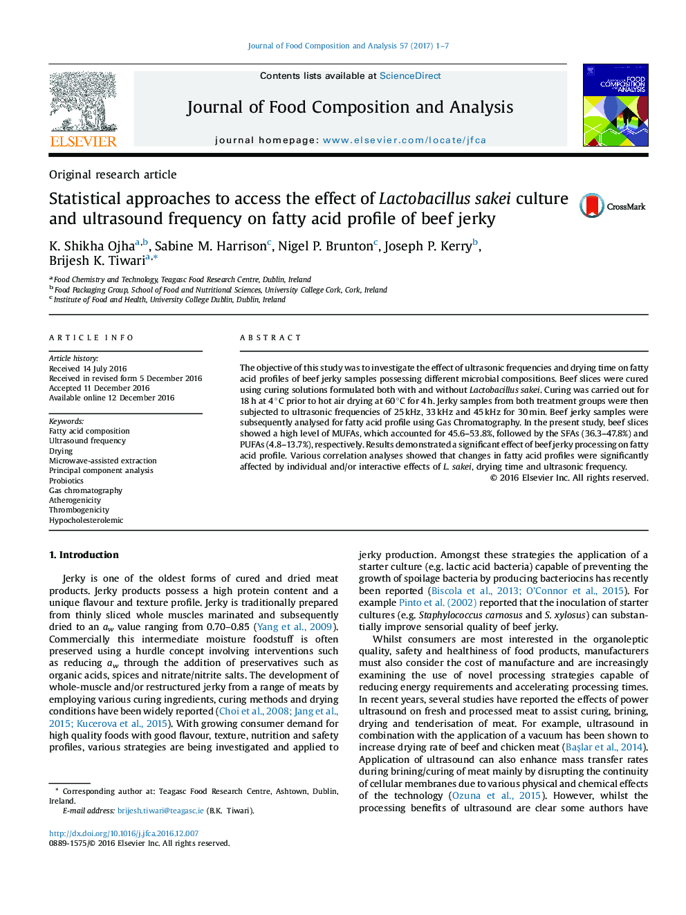 Original research articleStatistical approaches to access the effect of Lactobacillus sakei culture and ultrasound frequency on fatty acid profile of beef jerky