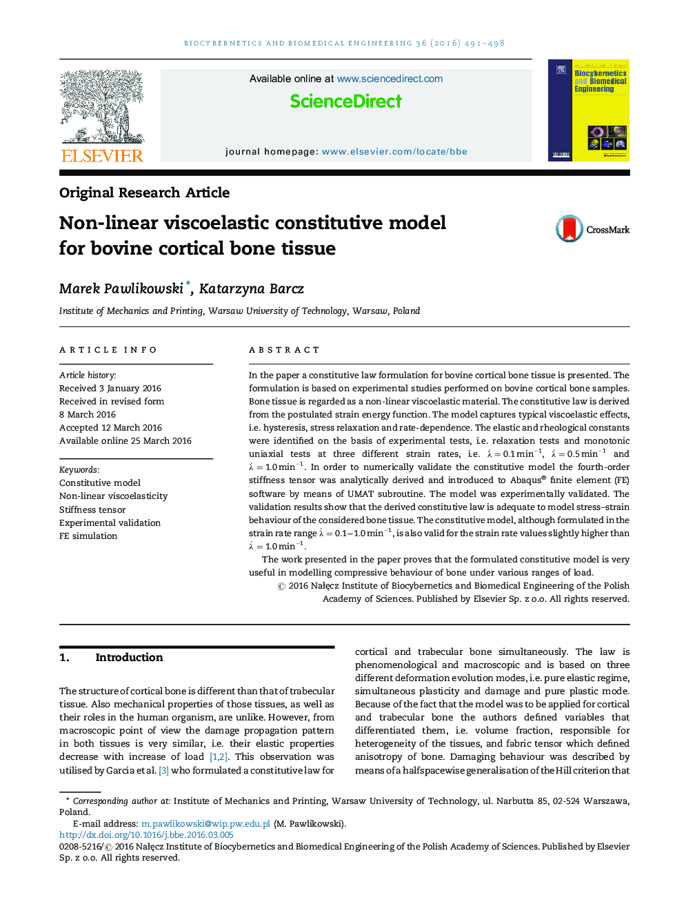 Non-linear viscoelastic constitutive model for bovine cortical bone tissue