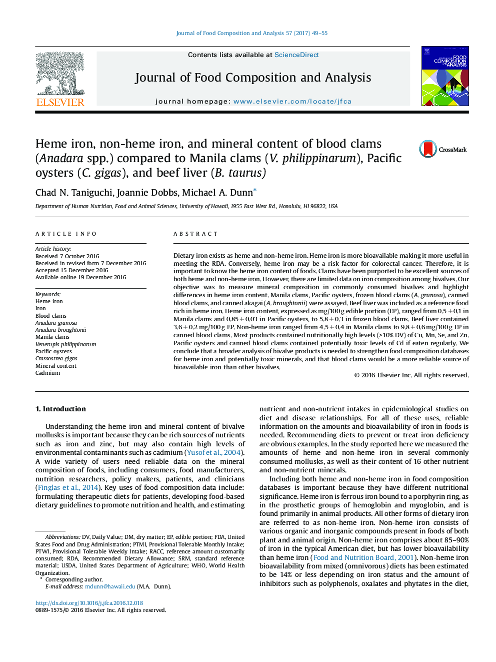 Heme iron, non-heme iron, and mineral content of blood clams (Anadara spp.) compared to Manila clams (V. philippinarum), Pacific oysters (C. gigas), and beef liver (B. taurus)