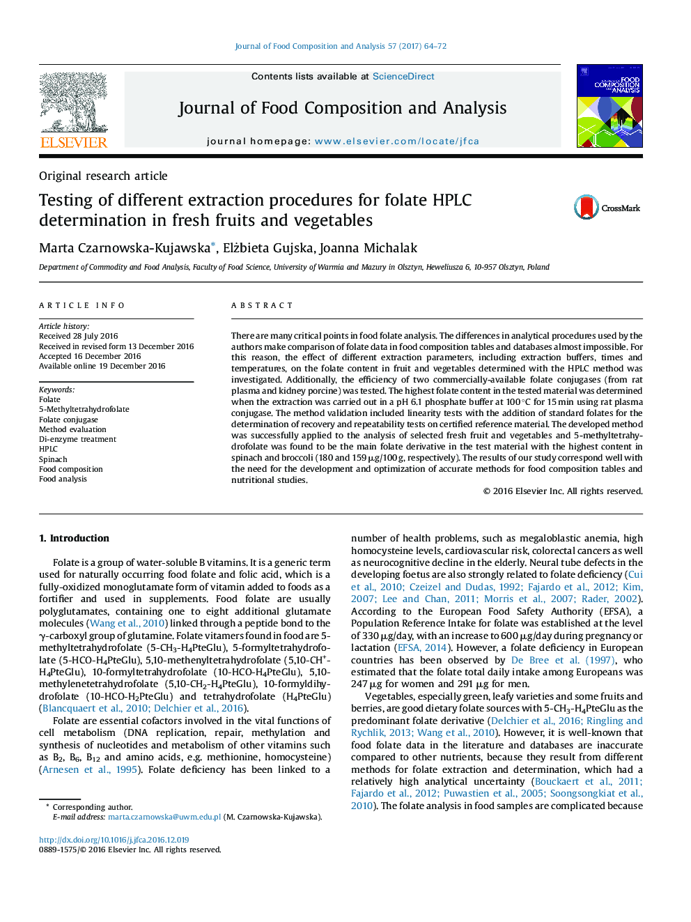 Testing of different extraction procedures for folate HPLC determination in fresh fruits and vegetables