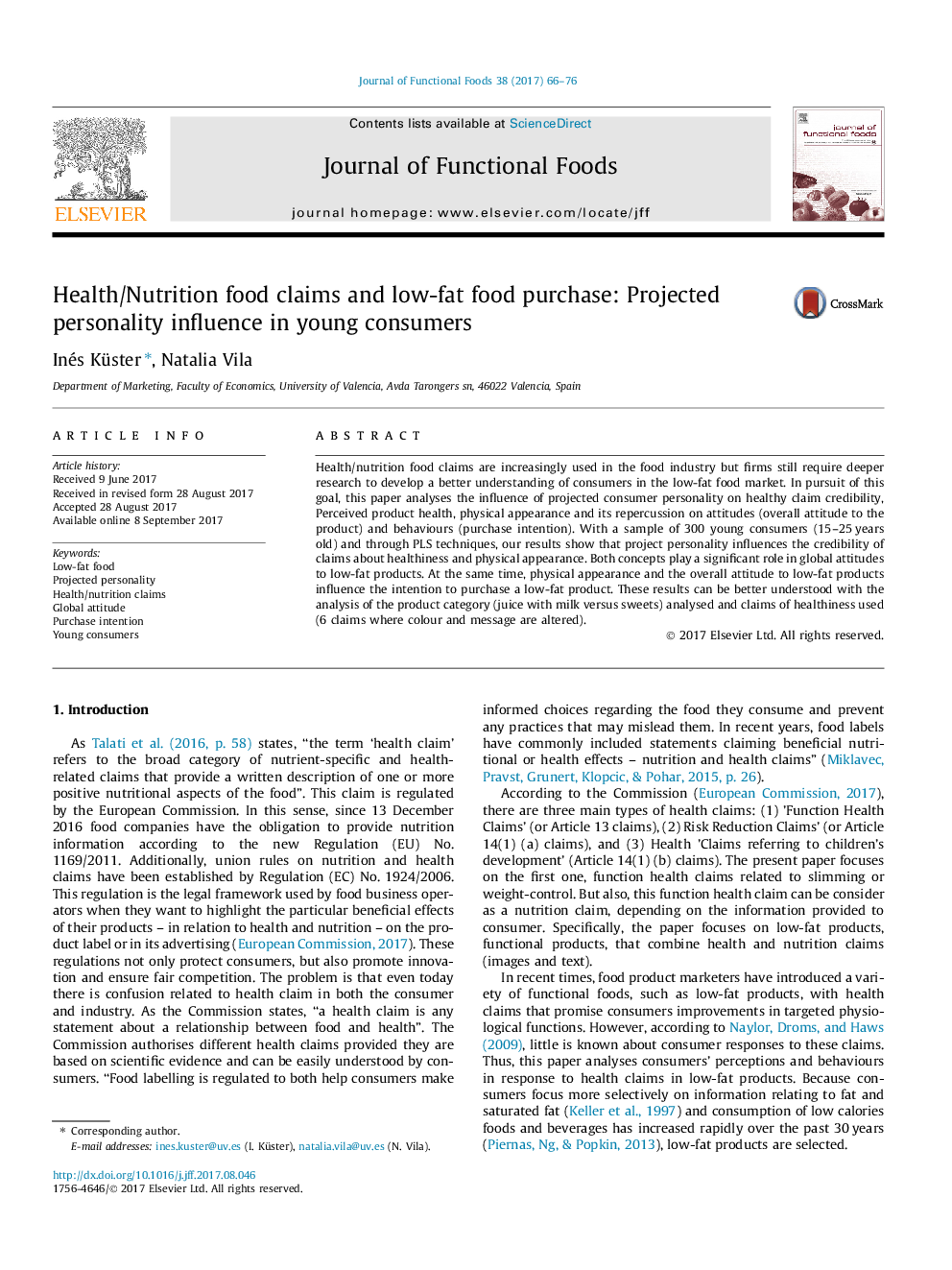 Health/Nutrition food claims and low-fat food purchase: Projected personality influence in young consumers