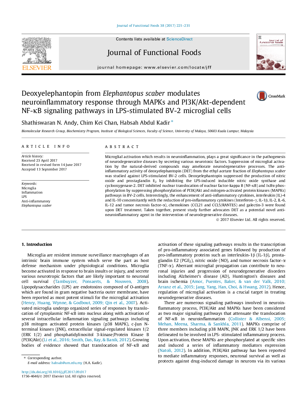 Deoxyelephantopin from Elephantopus scaber modulates neuroinflammatory response through MAPKs and PI3K/Akt-dependent NF-ÎºB signaling pathways in LPS-stimulated BV-2 microglial cells