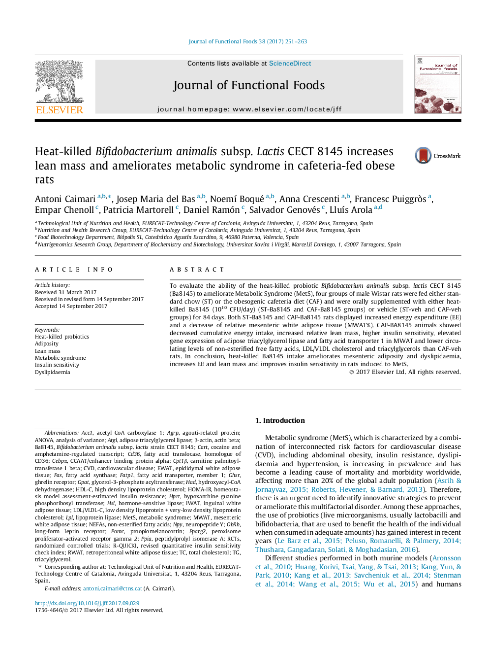 Heat-killed Bifidobacterium animalis subsp. Lactis CECT 8145 increases lean mass and ameliorates metabolic syndrome in cafeteria-fed obese rats