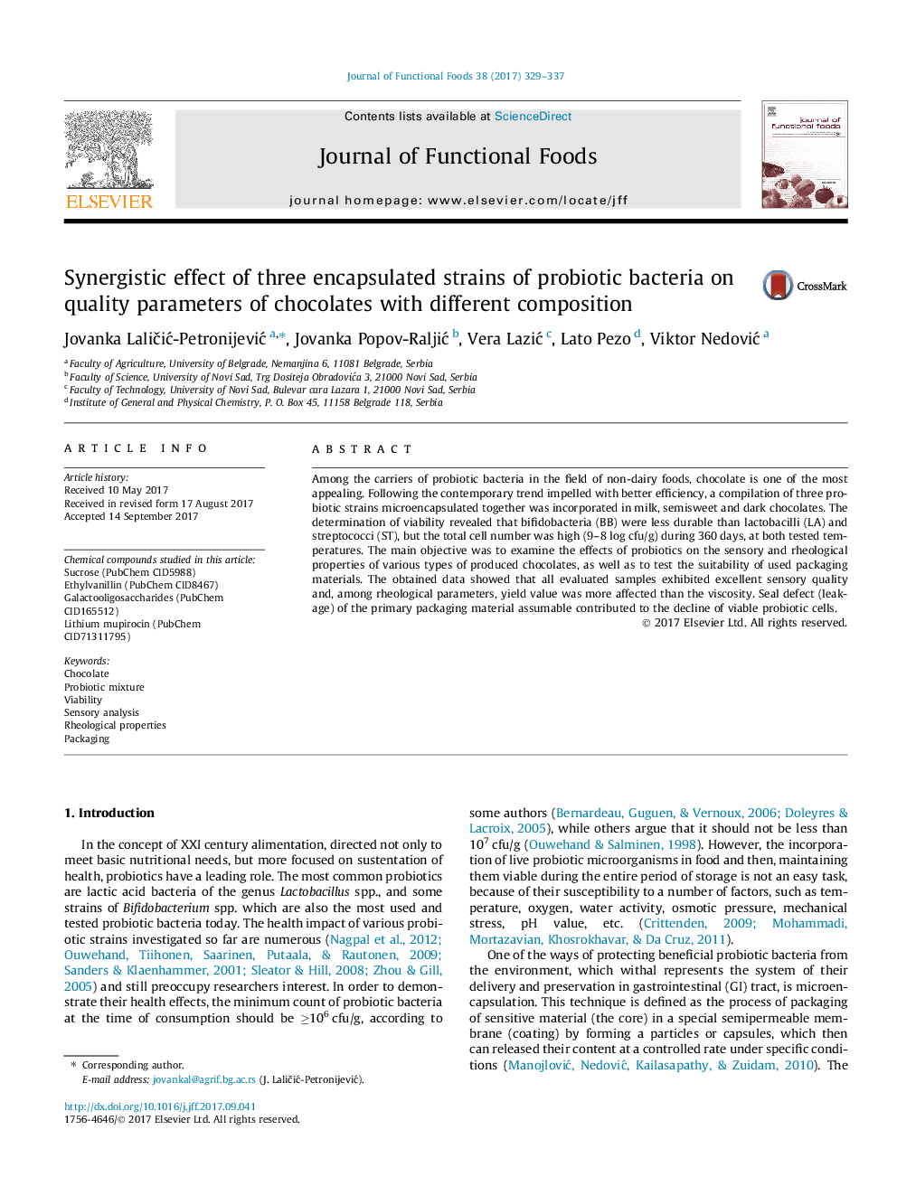 Synergistic effect of three encapsulated strains of probiotic bacteria on quality parameters of chocolates with different composition