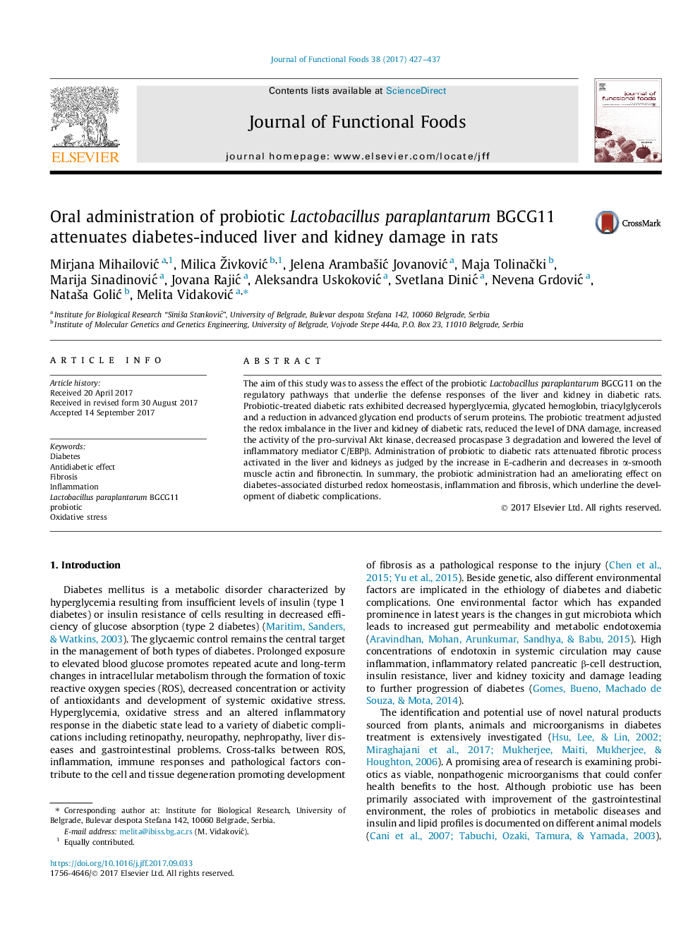 Oral administration of probiotic Lactobacillus paraplantarum BGCG11 attenuates diabetes-induced liver and kidney damage in rats