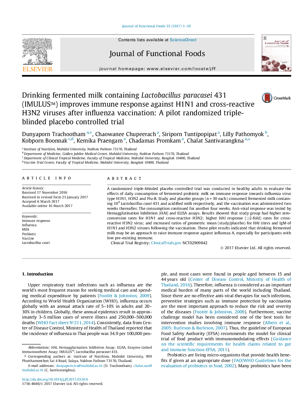 Drinking fermented milk containing Lactobacillus paracasei 431 (IMULUSâ¢) improves immune response against H1N1 and cross-reactive H3N2 viruses after influenza vaccination: A pilot randomized triple-blinded placebo controlled trial