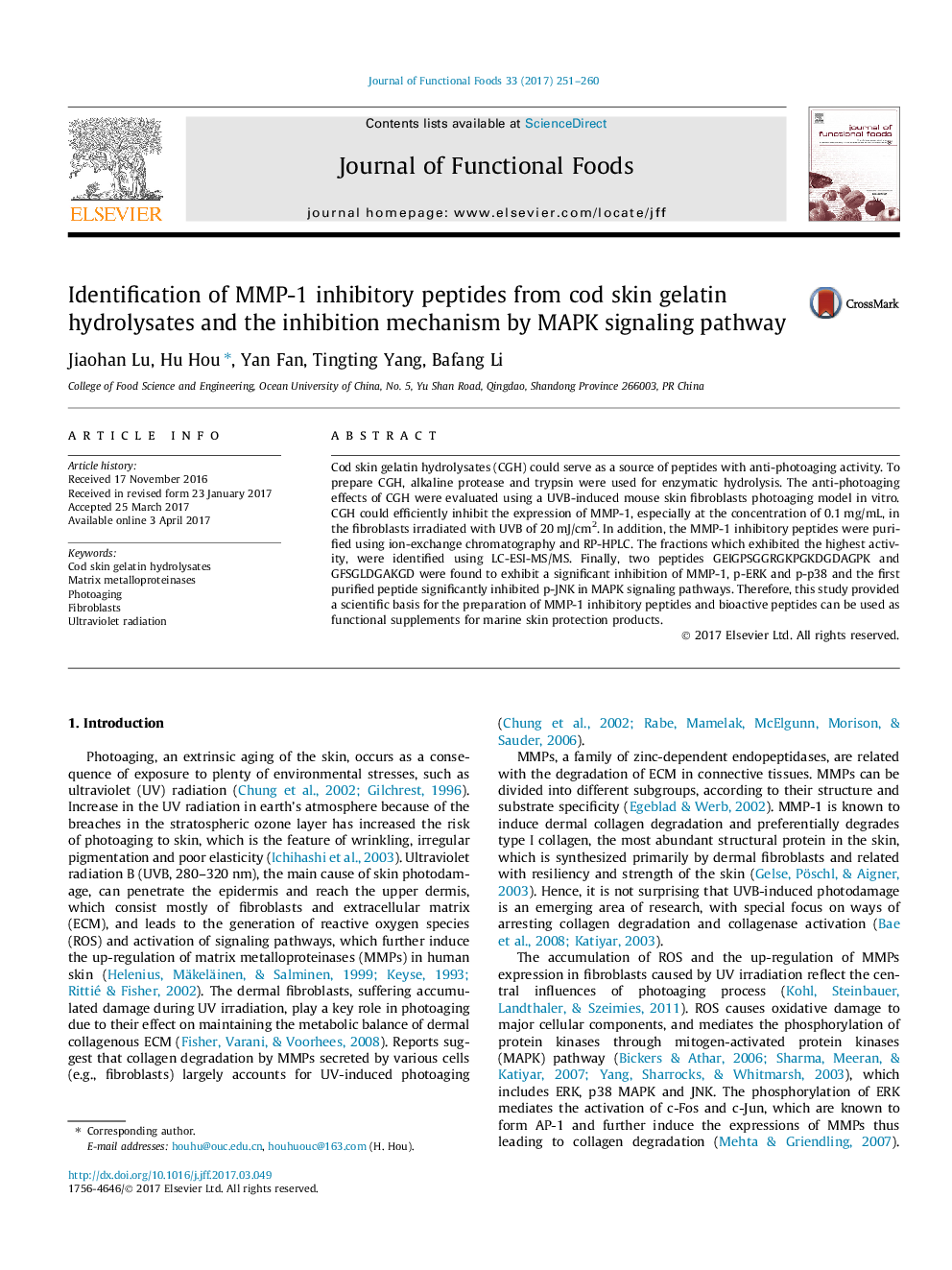 Identification of MMP-1 inhibitory peptides from cod skin gelatin hydrolysates and the inhibition mechanism by MAPK signaling pathway