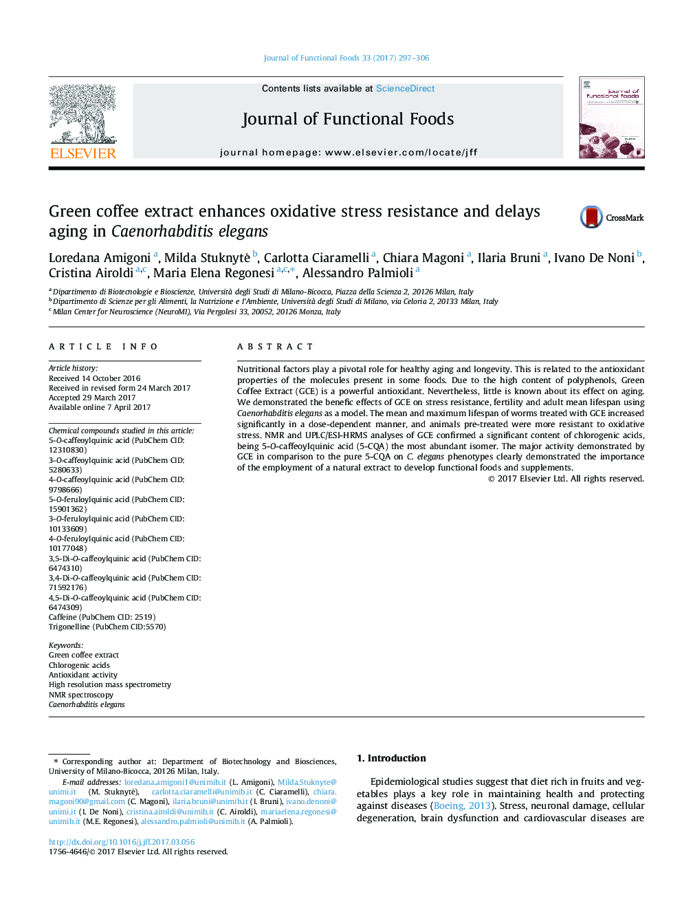 Green coffee extract enhances oxidative stress resistance and delays aging in Caenorhabditis elegans