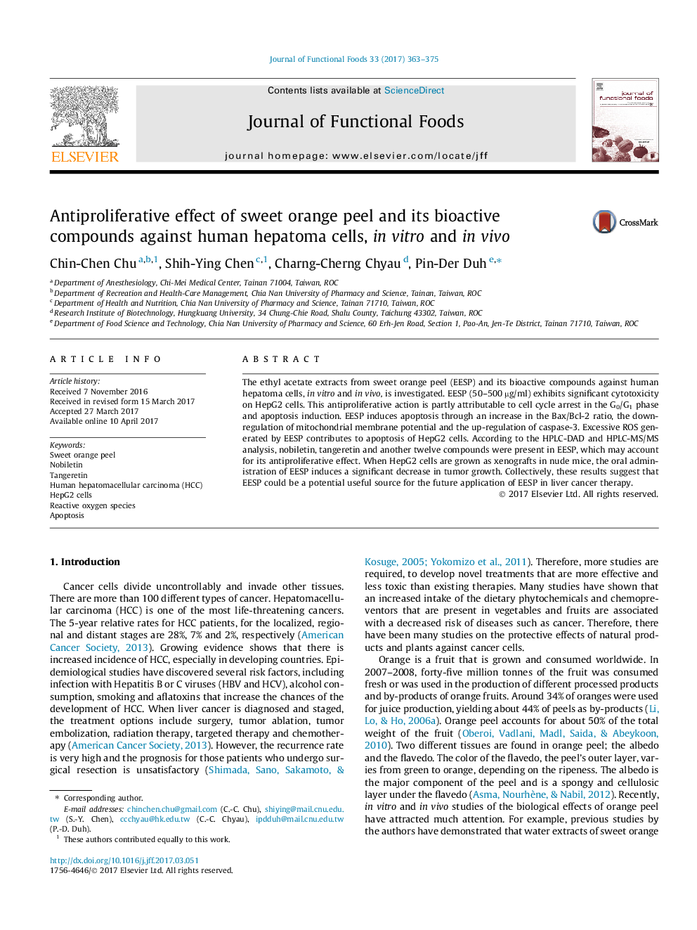 Antiproliferative effect of sweet orange peel and its bioactive compounds against human hepatoma cells, in vitro and in vivo