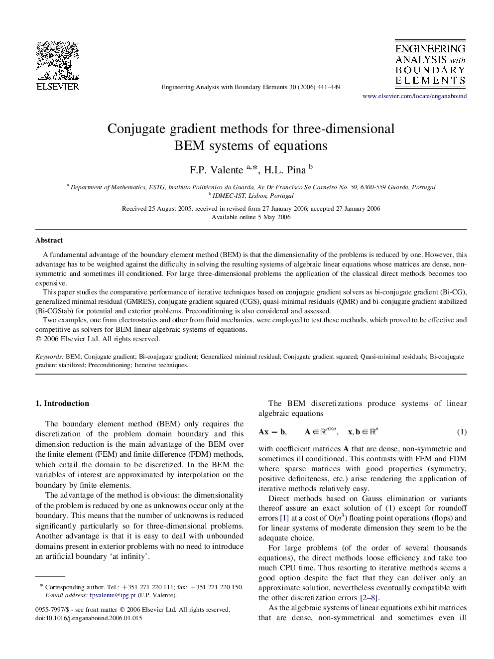 Conjugate gradient methods for three-dimensional BEM systems of equations