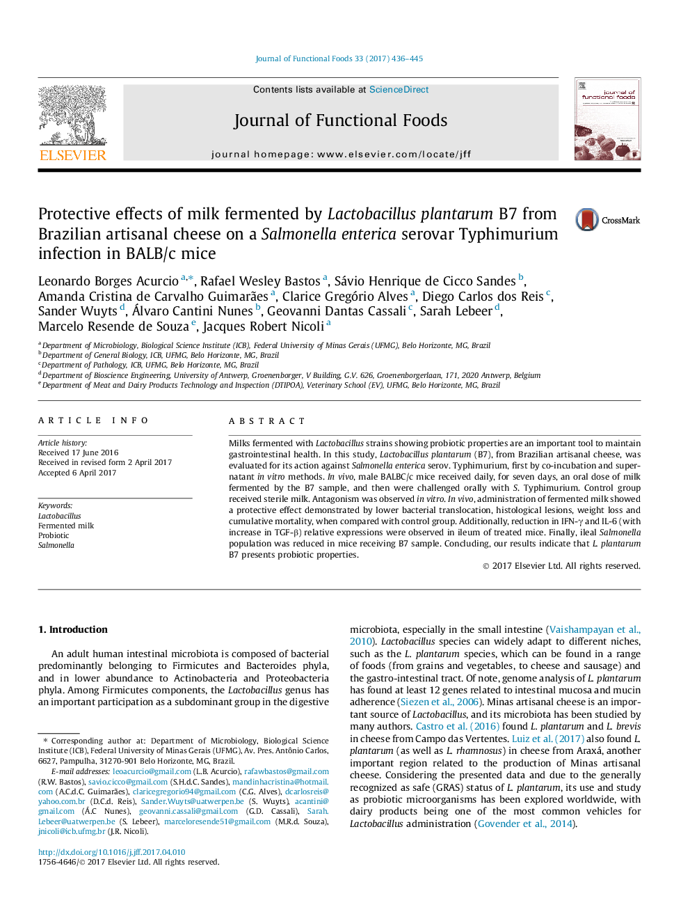 Protective effects of milk fermented by Lactobacillus plantarum B7 from Brazilian artisanal cheese on a Salmonella enterica serovar Typhimurium infection in BALB/c mice