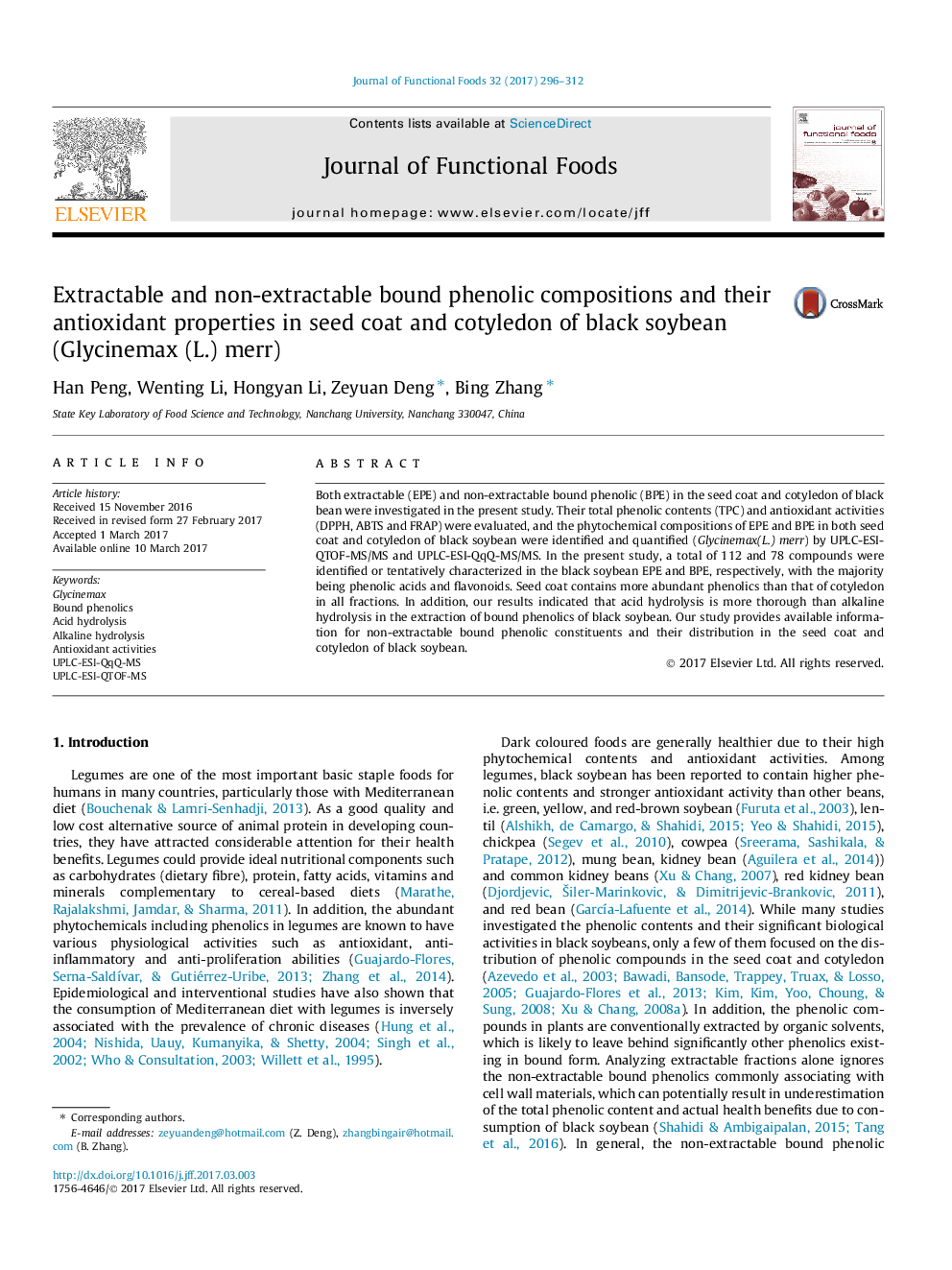 Extractable and non-extractable bound phenolic compositions and their antioxidant properties in seed coat and cotyledon of black soybean (Glycinemax (L.) merr)