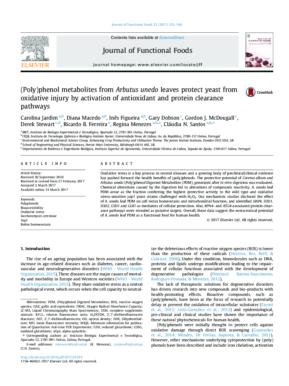 (Poly)phenol metabolites from Arbutus unedo leaves protect yeast from oxidative injury by activation of antioxidant and protein clearance pathways