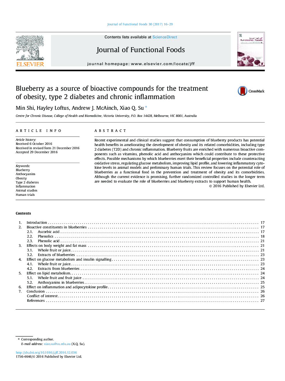 Blueberry as a source of bioactive compounds for the treatment of obesity, type 2 diabetes and chronic inflammation