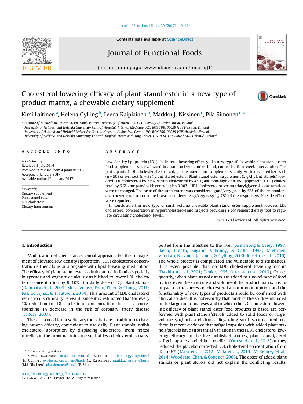 Cholesterol lowering efficacy of plant stanol ester in a new type of product matrix, a chewable dietary supplement