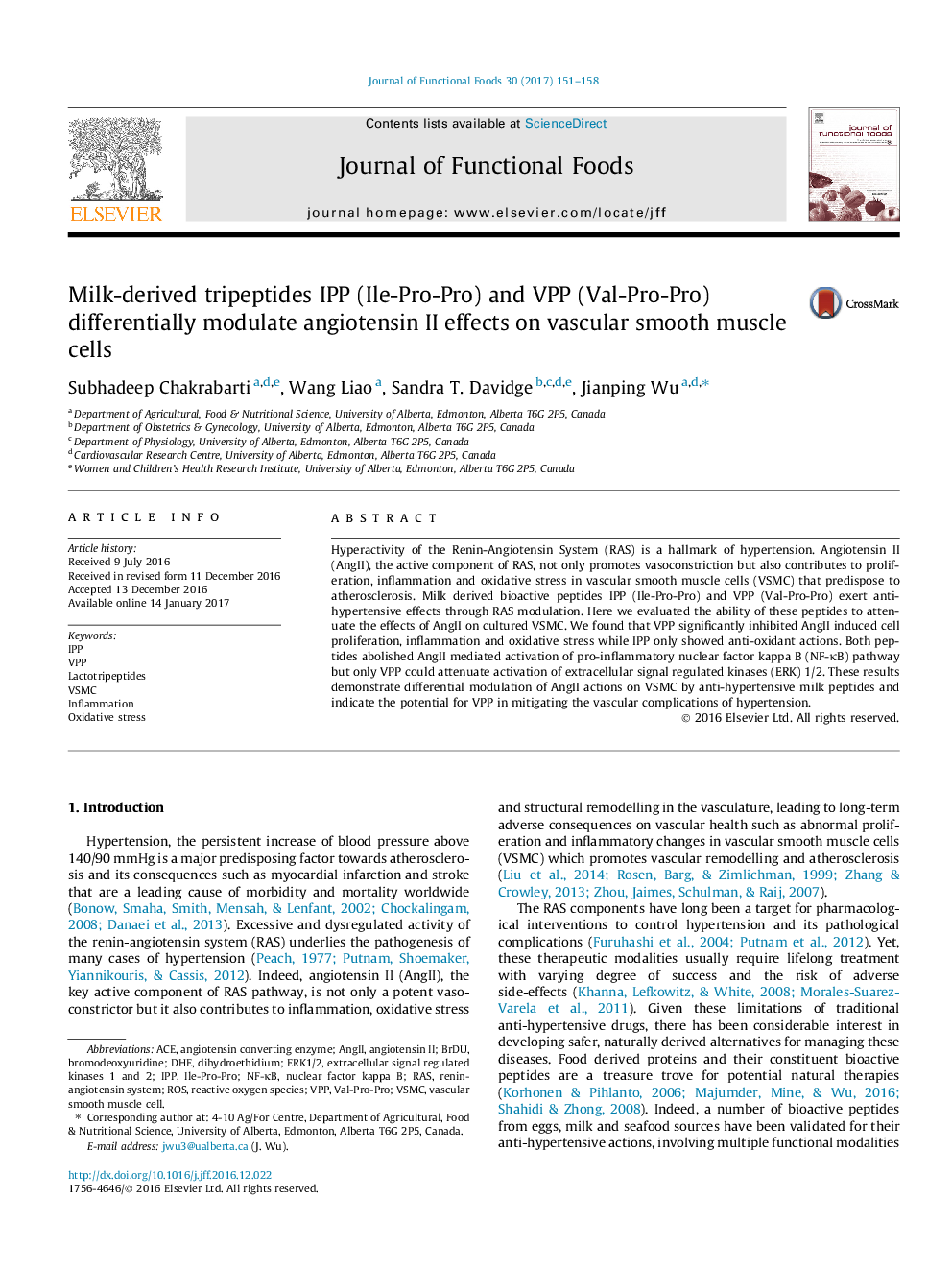 Milk-derived tripeptides IPP (Ile-Pro-Pro) and VPP (Val-Pro-Pro) differentially modulate angiotensin II effects on vascular smooth muscle cells