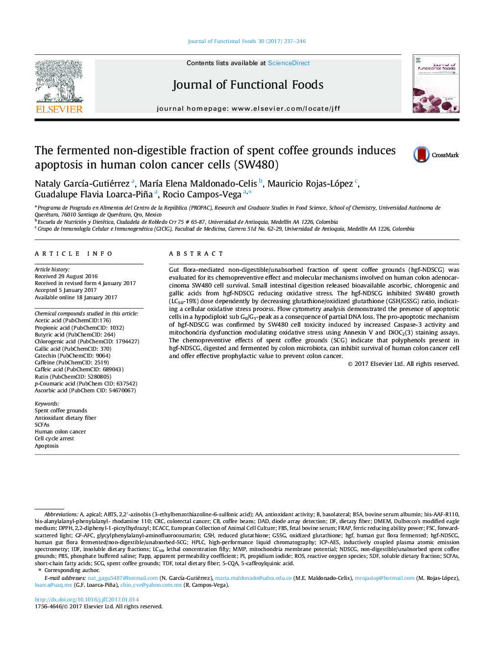 The fermented non-digestible fraction of spent coffee grounds induces apoptosis in human colon cancer cells (SW480)