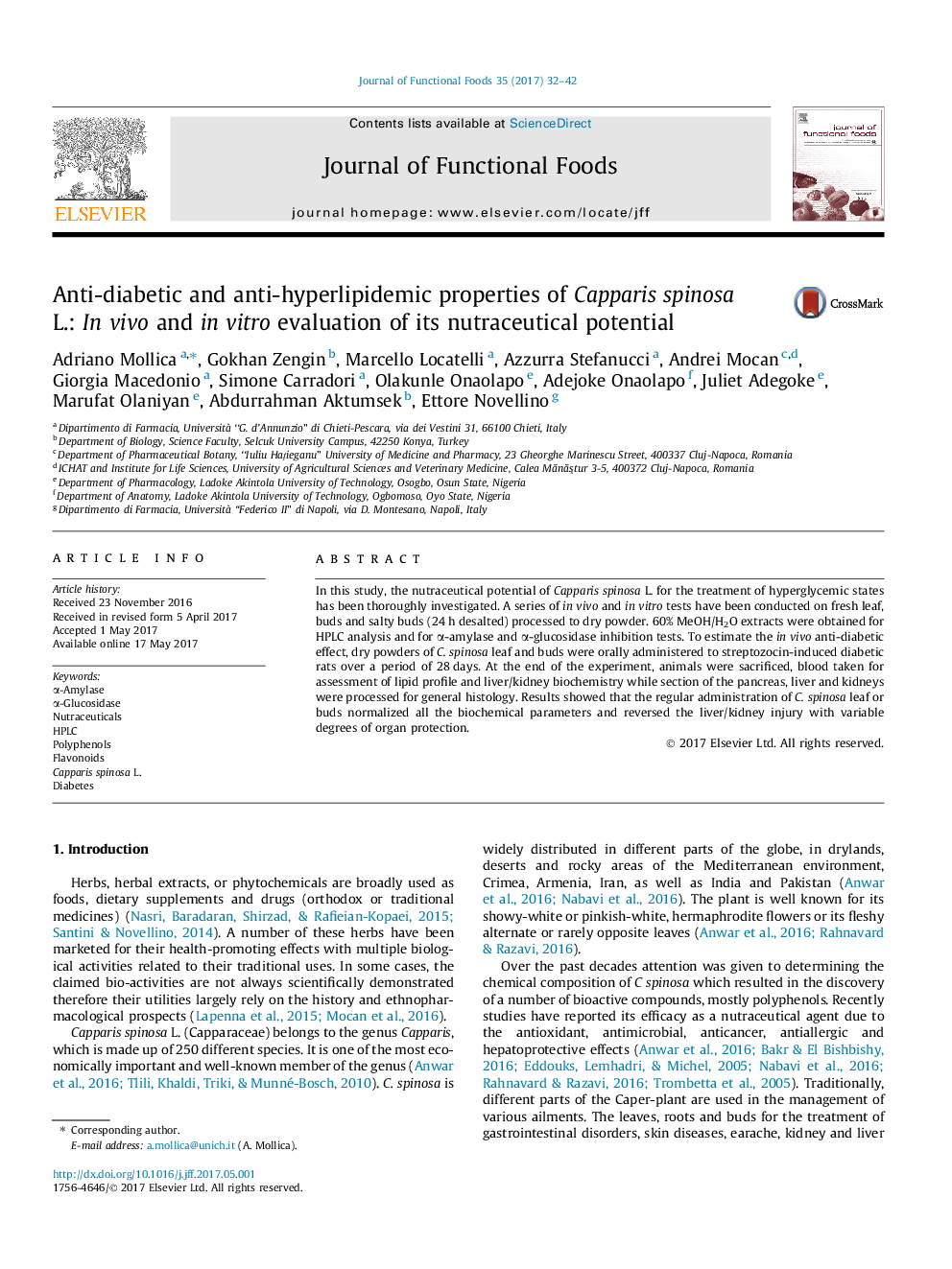 Anti-diabetic and anti-hyperlipidemic properties of Capparis spinosa L.: In vivo and in vitro evaluation of its nutraceutical potential