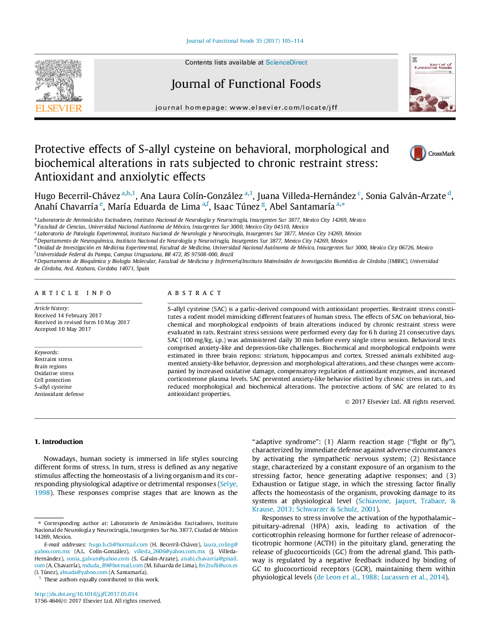 Protective effects of S-allyl cysteine on behavioral, morphological and biochemical alterations in rats subjected to chronic restraint stress: Antioxidant and anxiolytic effects