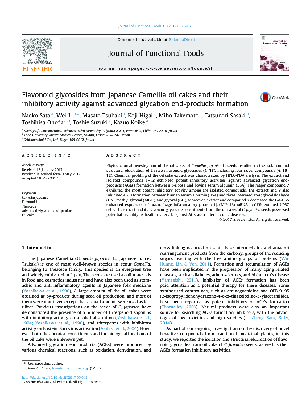 Flavonoid glycosides from Japanese Camellia oil cakes and their inhibitory activity against advanced glycation end-products formation