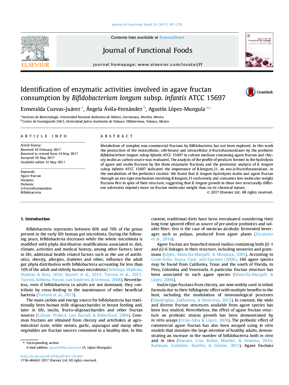 Identification of enzymatic activities involved in agave fructan consumption by Bifidobacterium longum subsp. infantis ATCC 15697