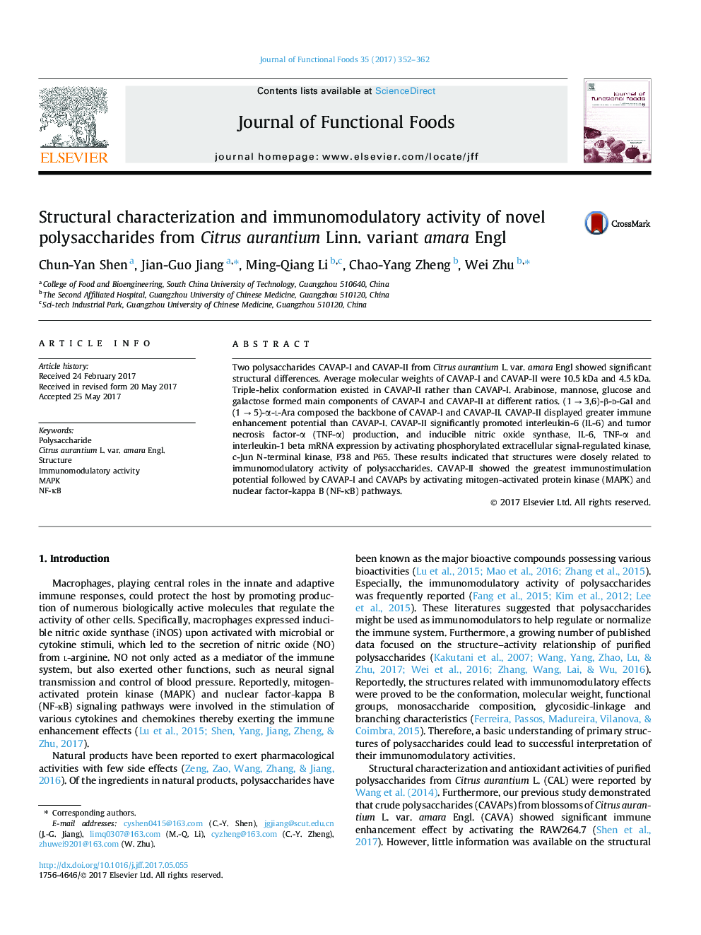 Structural characterization and immunomodulatory activity of novel polysaccharides from Citrus aurantium Linn. variant amara Engl