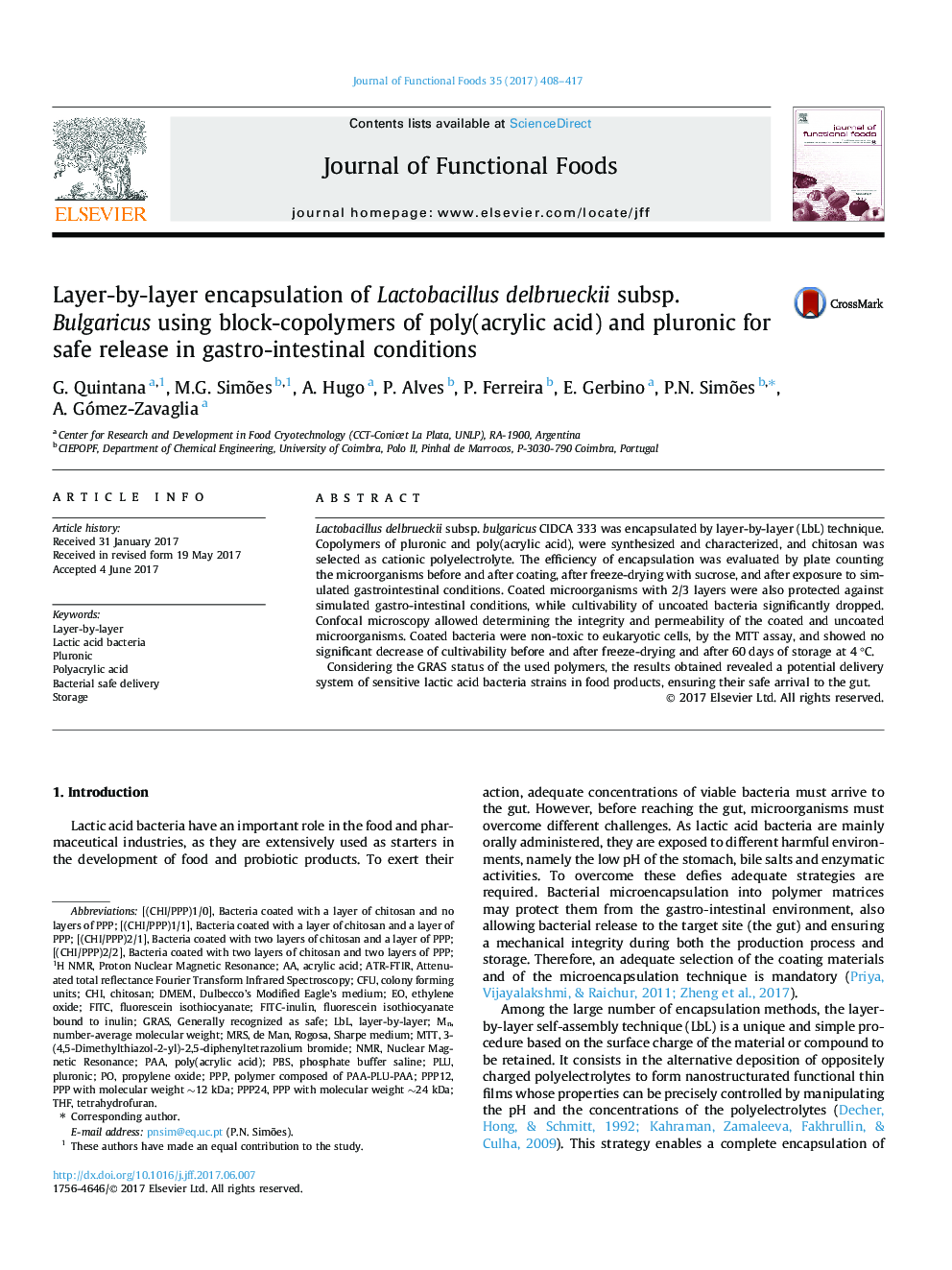 Layer-by-layer encapsulation of Lactobacillus delbrueckii subsp. Bulgaricus using block-copolymers of poly(acrylic acid) and pluronic for safe release in gastro-intestinal conditions