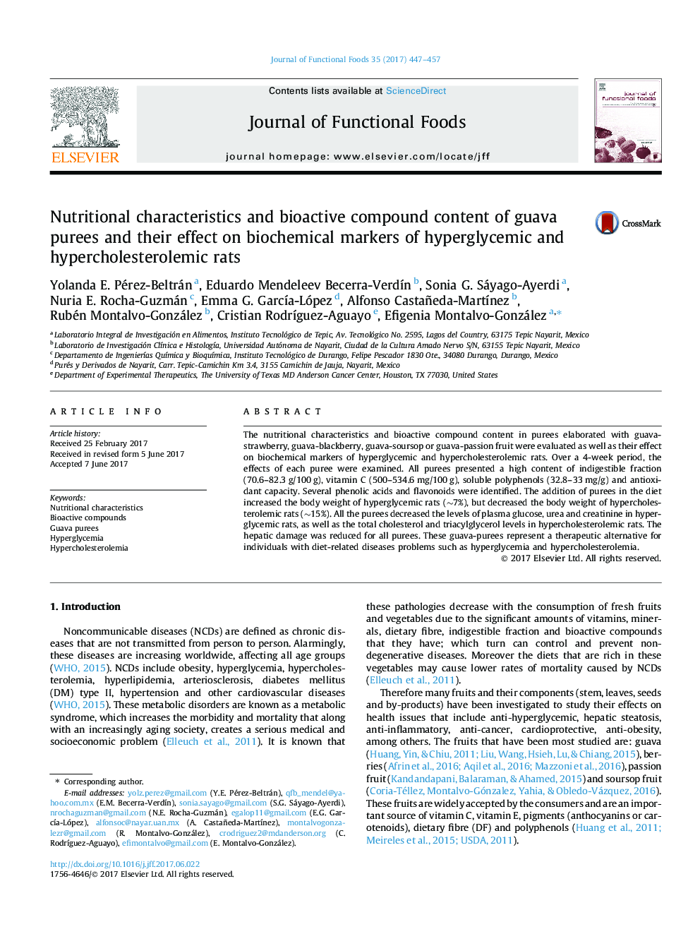 Nutritional characteristics and bioactive compound content of guava purees and their effect on biochemical markers of hyperglycemic and hypercholesterolemic rats