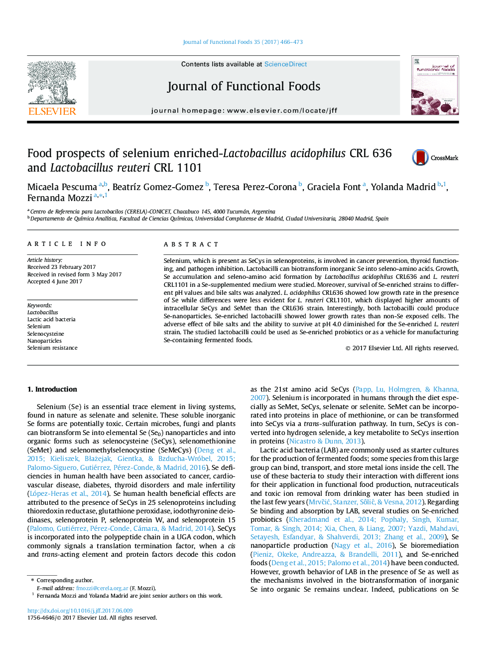 Food prospects of selenium enriched-Lactobacillus acidophilus CRL 636 and Lactobacillus reuteri CRL 1101