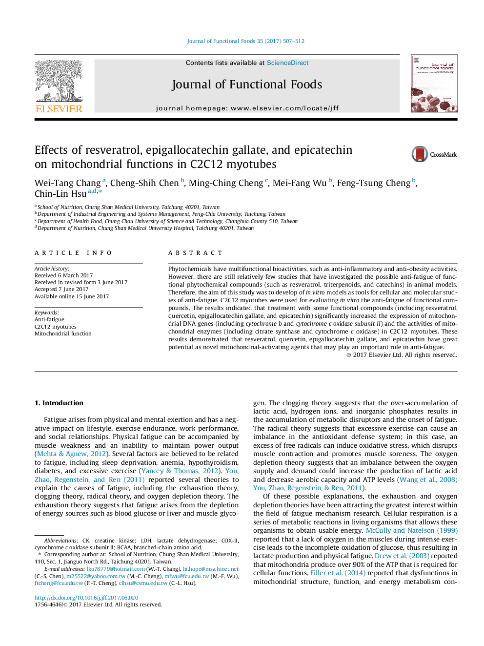 Effects of resveratrol, epigallocatechin gallate, and epicatechin on mitochondrial functions in C2C12 myotubes