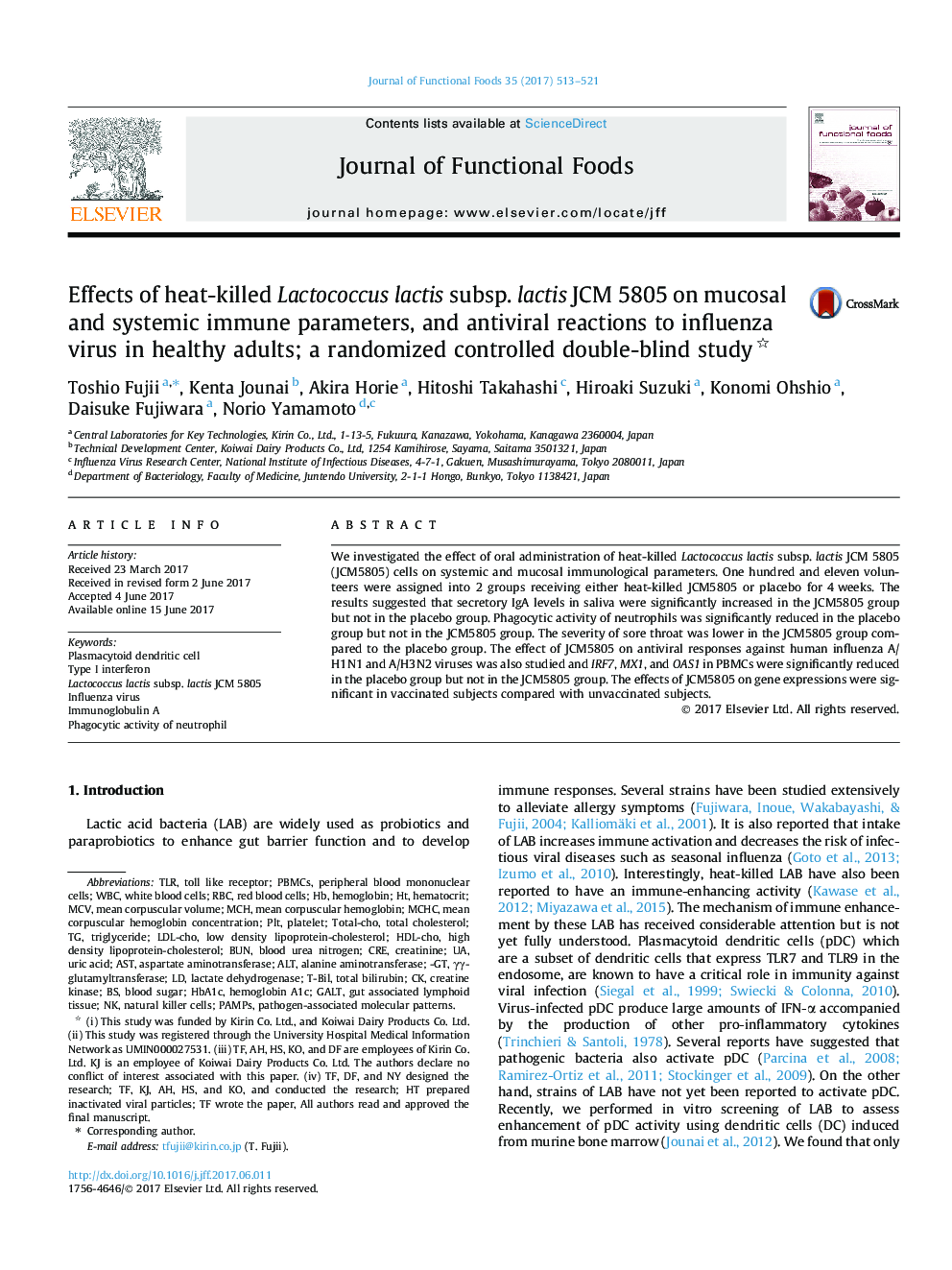 Effects of heat-killed Lactococcus lactis subsp. lactis JCM 5805 on mucosal and systemic immune parameters, and antiviral reactions to influenza virus in healthy adults; a randomized controlled double-blind study