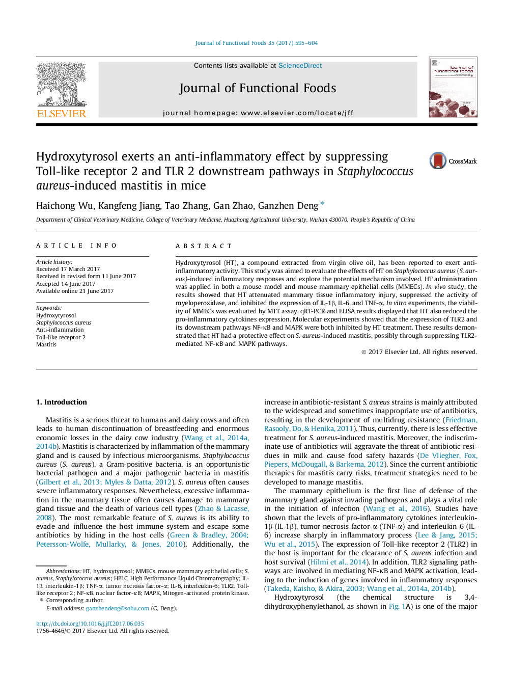 Hydroxytyrosol exerts an anti-inflammatory effect by suppressing Toll-like receptor 2 and TLR 2 downstream pathways in Staphylococcus aureus-induced mastitis in mice