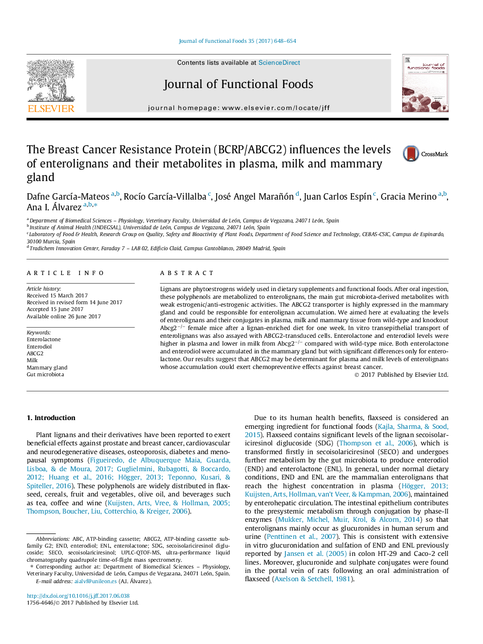 The Breast Cancer Resistance Protein (BCRP/ABCG2) influences the levels of enterolignans and their metabolites in plasma, milk and mammary gland