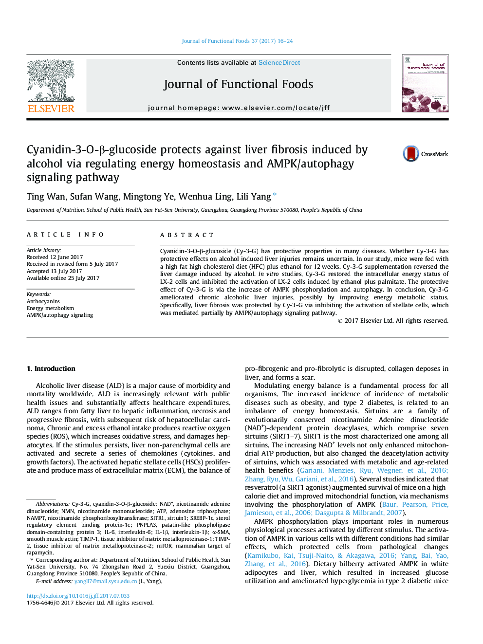 Cyanidin-3-O-Î²-glucoside protects against liver fibrosis induced by alcohol via regulating energy homeostasis and AMPK/autophagy signaling pathway