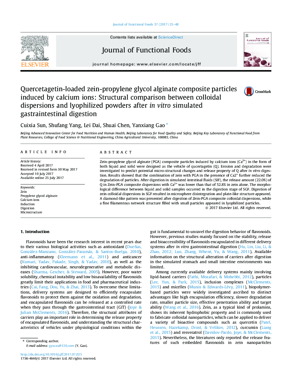 Quercetagetin-loaded zein-propylene glycol alginate composite particles induced by calcium ions: Structural comparison between colloidal dispersions and lyophilized powders after in vitro simulated gastraintestinal digestion