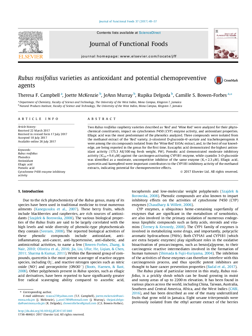 Rubus rosifolius varieties as antioxidant and potential chemopreventive agents