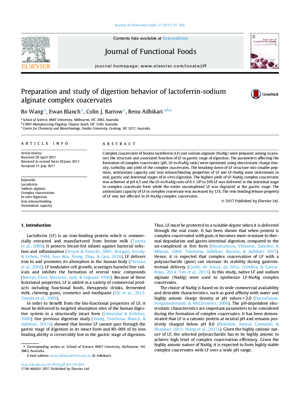 Preparation and study of digestion behavior of lactoferrin-sodium alginate complex coacervates