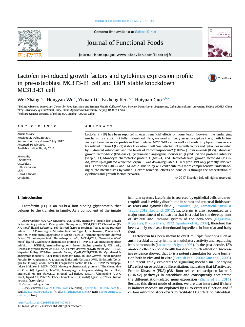 Lactoferrin-induced growth factors and cytokines expression profile in pre-osteoblast MC3T3-E1 cell and LRP1 stable knockdown MC3T3-E1 cell