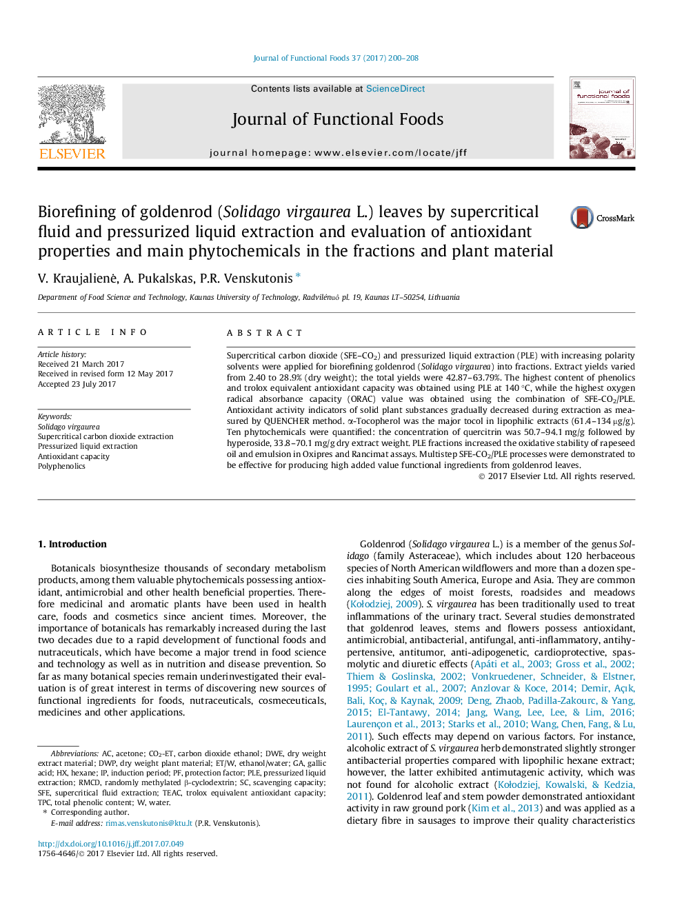 Biorefining of goldenrod (Solidago virgaurea L.) leaves by supercritical fluid and pressurized liquid extraction and evaluation of antioxidant properties and main phytochemicals in the fractions and plant material