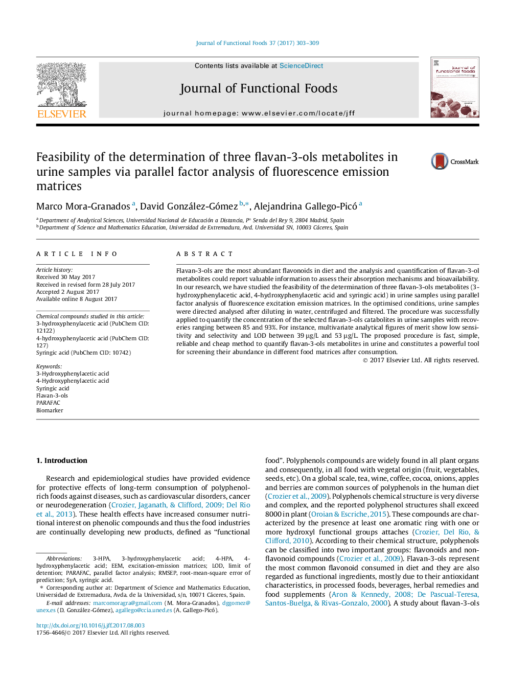 عکس صفحه اول مقاله: Feasibility of the determination of three flavan-3-ols metabolites in urine samples via parallel factor analysis of fluorescence emission matrices Feasibility of the determination of three flavan-3-ols metabolites in urine samples via parallel factor analysis of fluorescence emission matrices