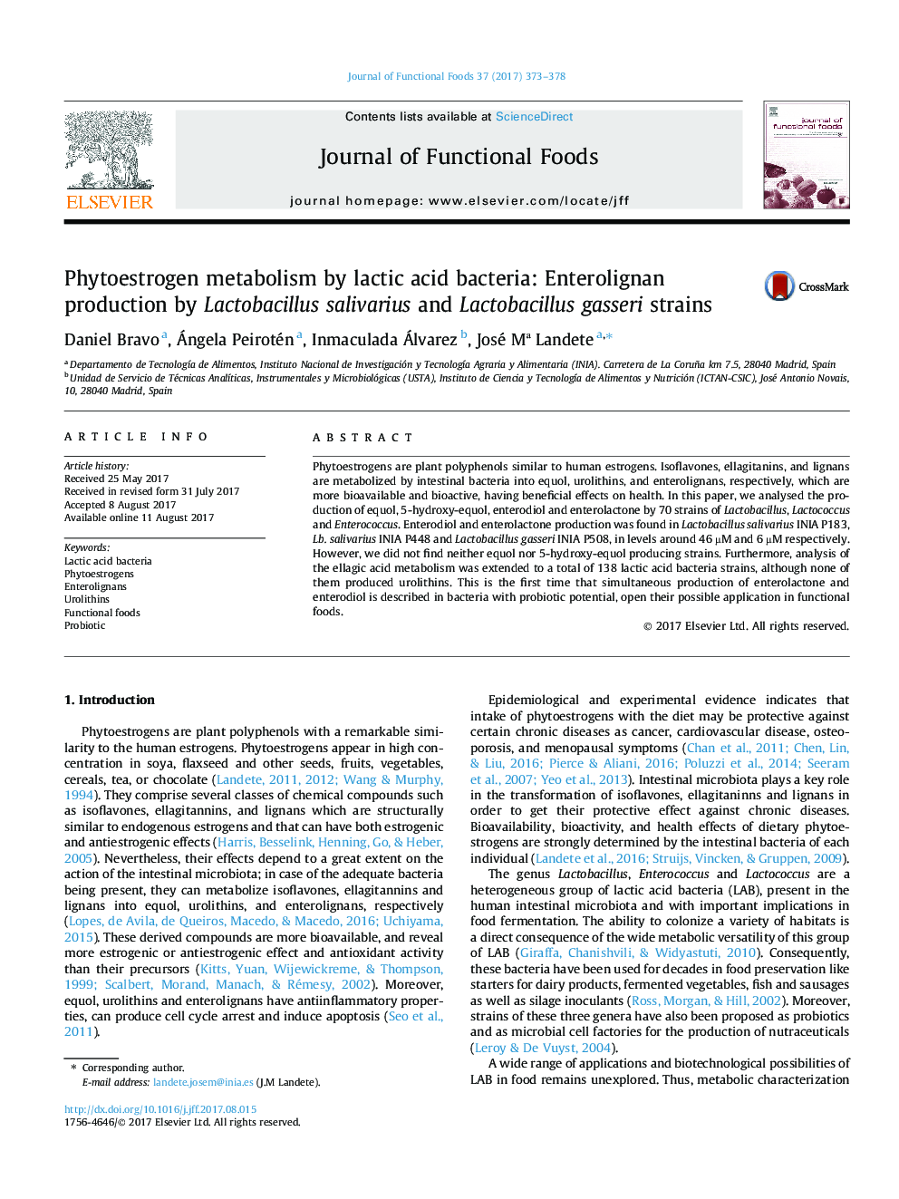 Phytoestrogen metabolism by lactic acid bacteria: Enterolignan production by Lactobacillus salivarius and Lactobacillus gasseri strains