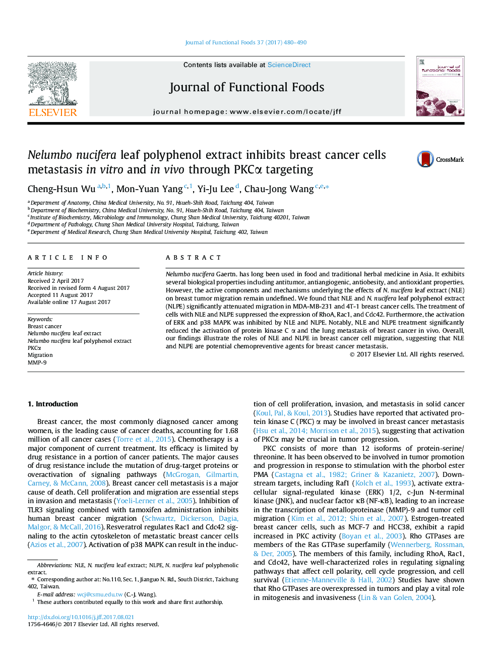 Nelumbo nucifera leaf polyphenol extract inhibits breast cancer cells metastasis in vitro and in vivo through PKCÎ± targeting