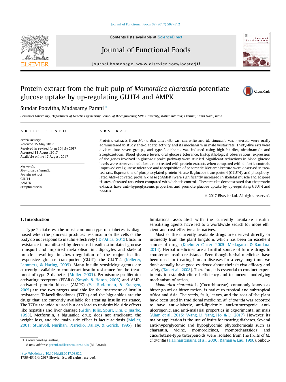 Protein extract from the fruit pulp of Momordica charantia potentiate glucose uptake by up-regulating GLUT4 and AMPK