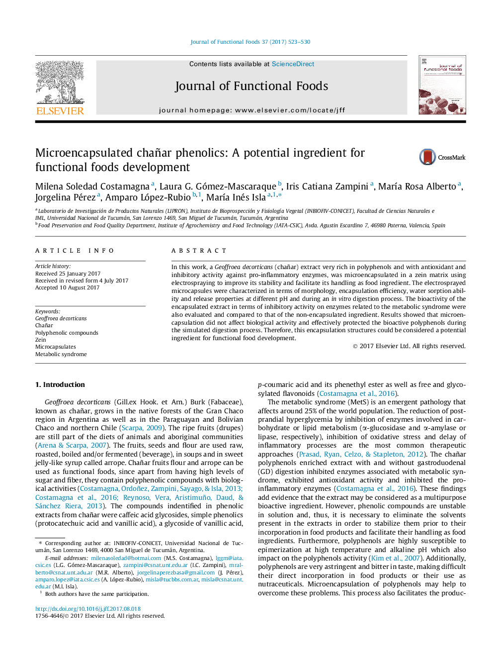 Microencapsulated chañar phenolics: A potential ingredient for functional foods development