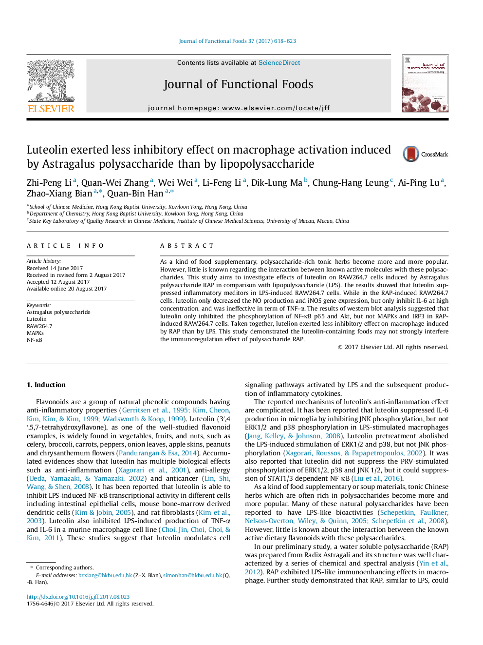 Luteolin exerted less inhibitory effect on macrophage activation induced by Astragalus polysaccharide than by lipopolysaccharide