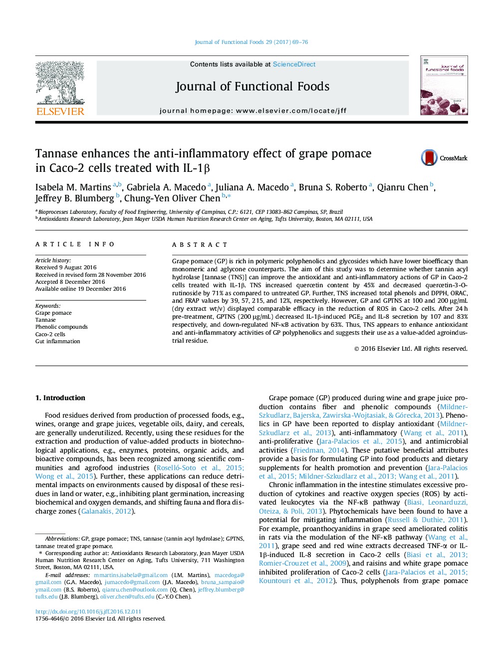 Tannase enhances the anti-inflammatory effect of grape pomace in Caco-2 cells treated with IL-1β
