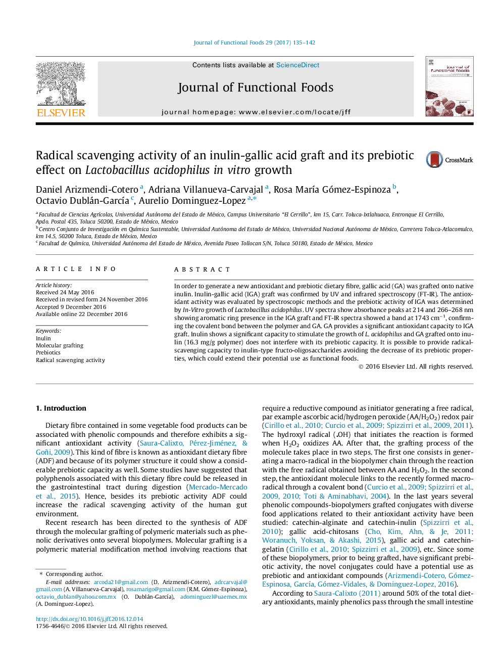 Radical scavenging activity of an inulin-gallic acid graft and its prebiotic effect on Lactobacillus acidophilus in vitro growth