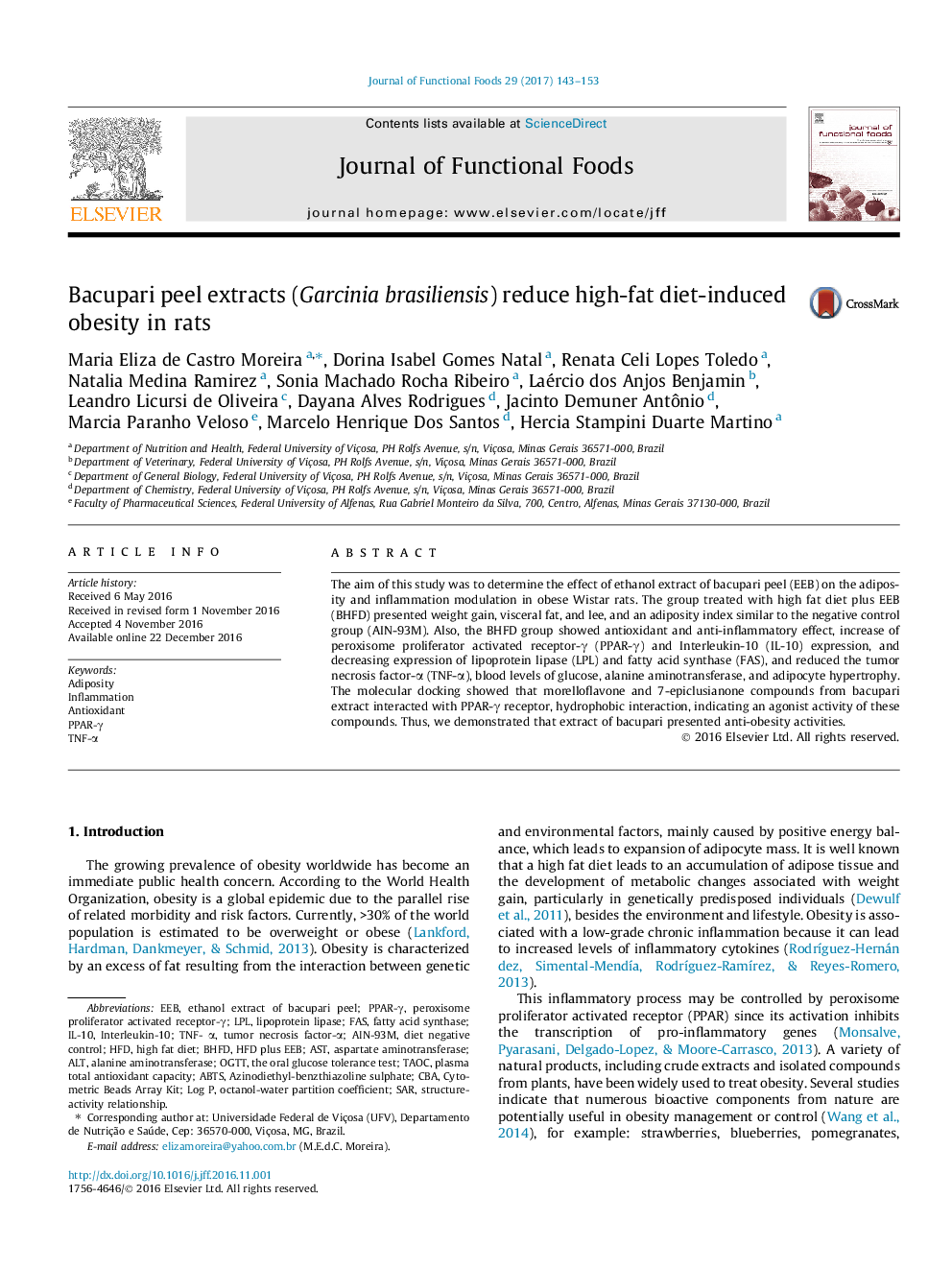 Bacupari peel extracts (Garcinia brasiliensis) reduce high-fat diet-induced obesity in rats