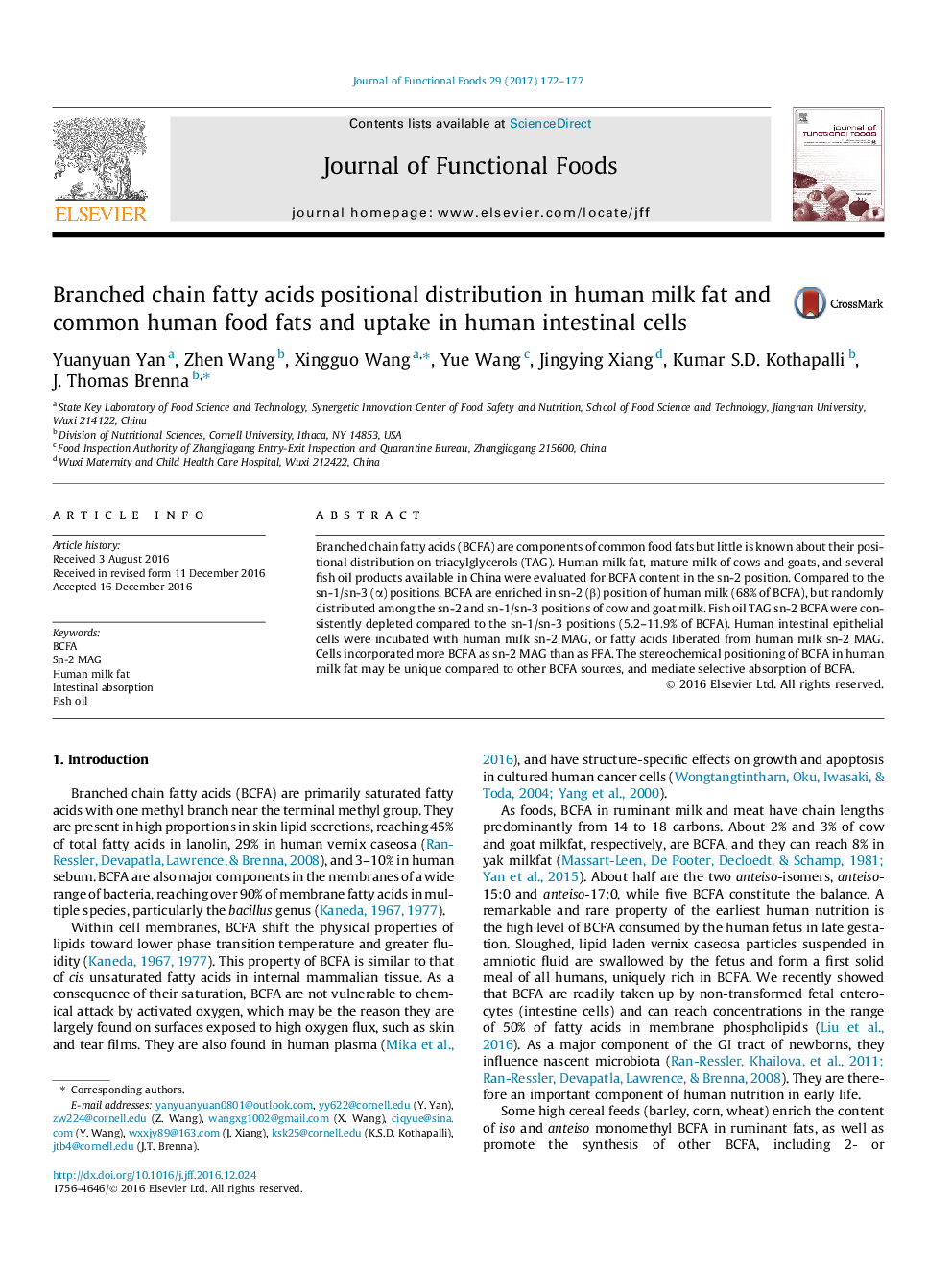 Branched chain fatty acids positional distribution in human milk fat and common human food fats and uptake in human intestinal cells