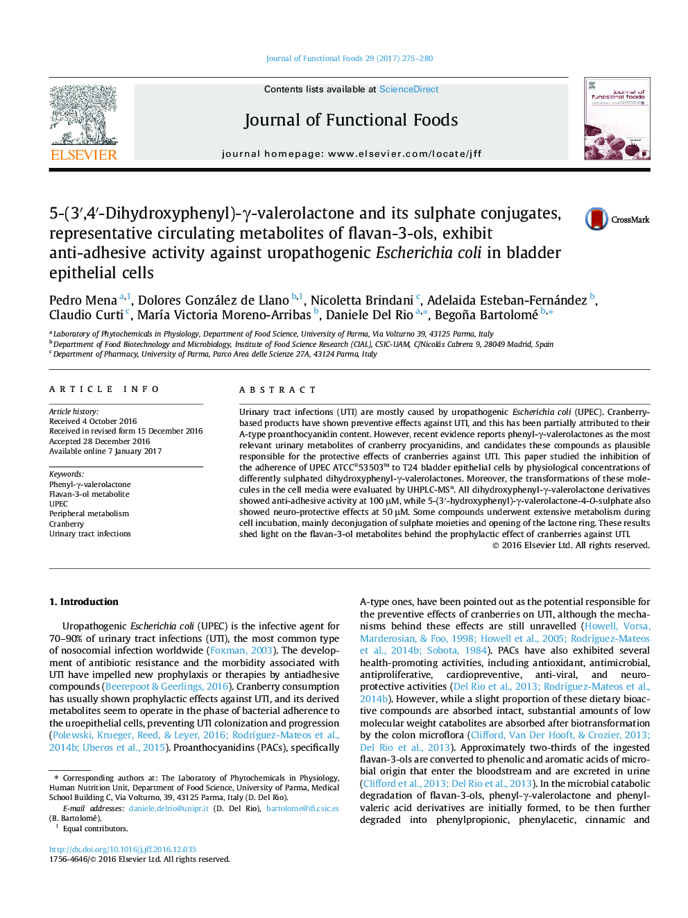 5-(3â²,4â²-Dihydroxyphenyl)-Î³-valerolactone and its sulphate conjugates, representative circulating metabolites of flavan-3-ols, exhibit anti-adhesive activity against uropathogenic Escherichia coli in bladder epithelial cells